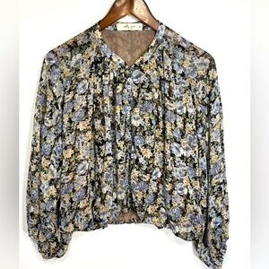 Molly Green sheer chiffon blouse floral print, billowy, oversized bubble hem M